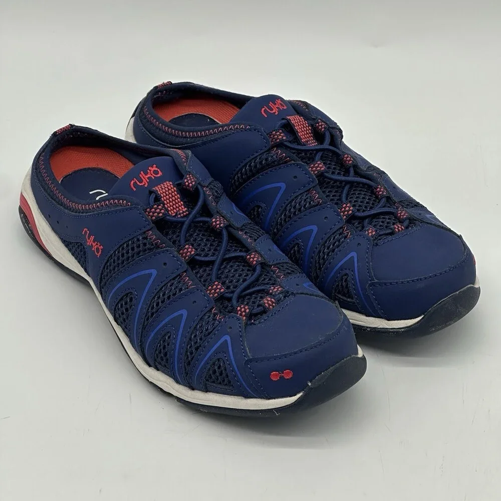 Ryka Tangie Blue Leather Mesh Slip On Low Back Mules Sneakers Women's Size 7M